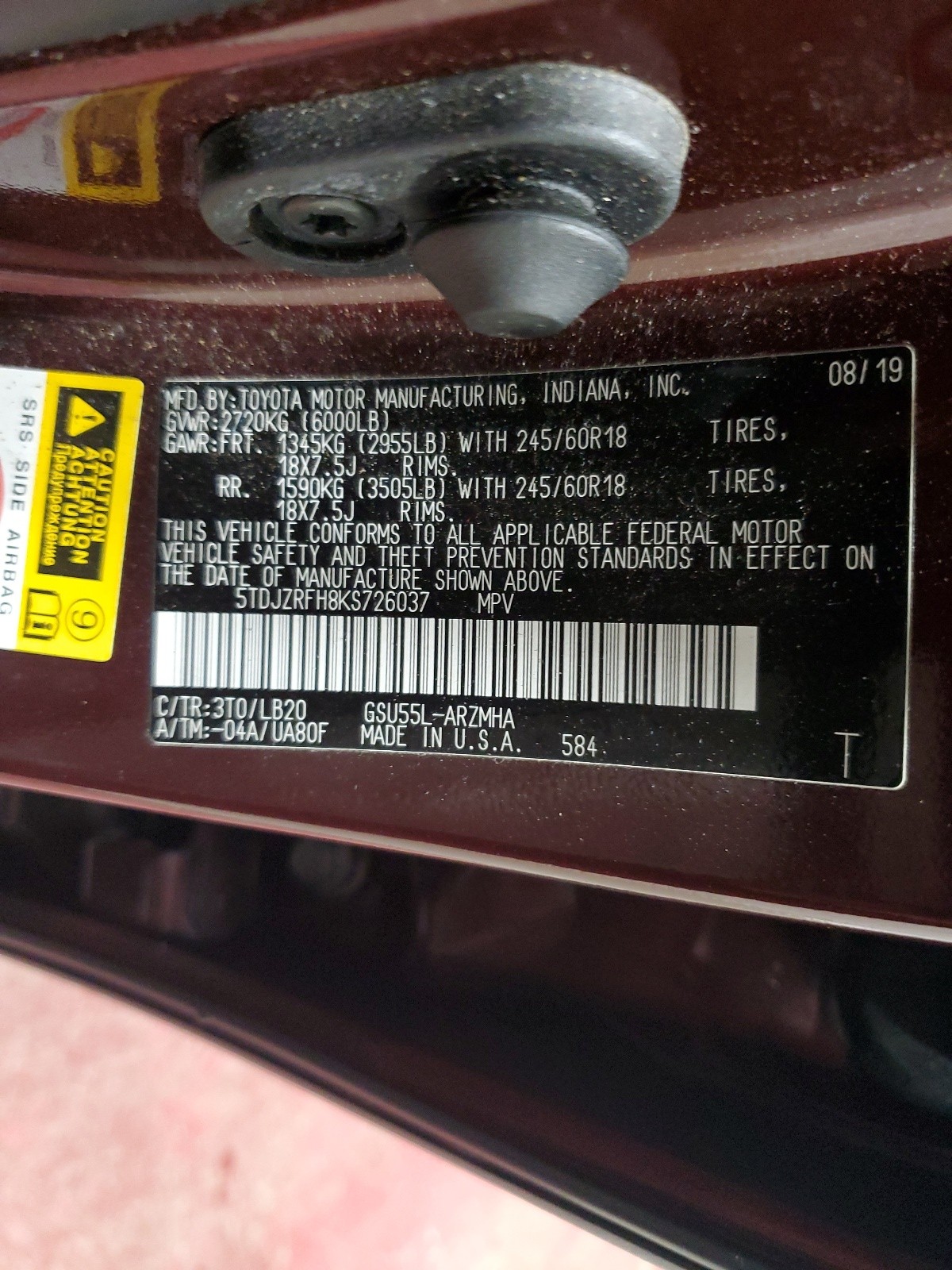 5TDJZRFH8KS726037 2019 Toyota Highlander Se