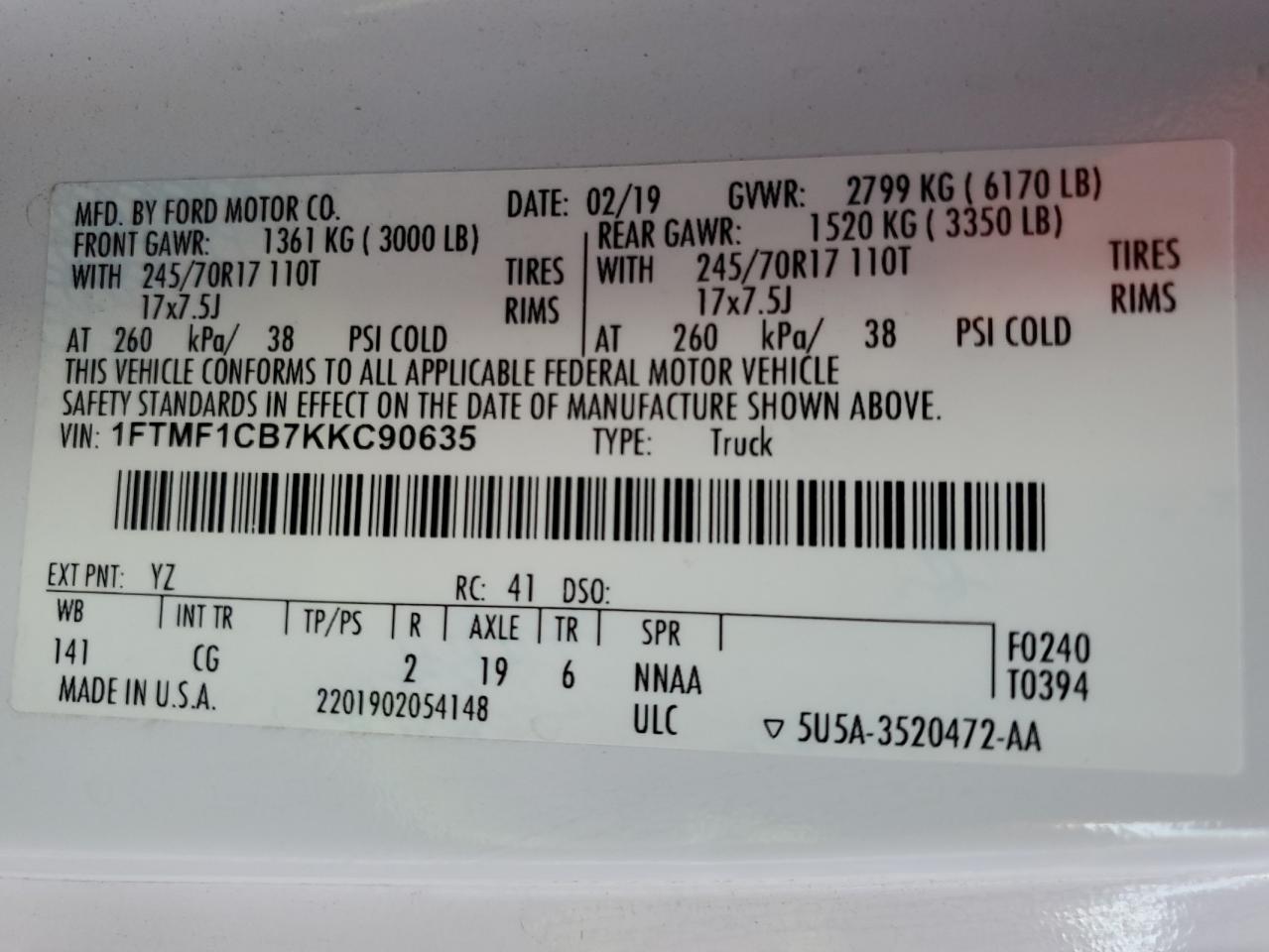 1FTMF1CB7KKC90635 2019 Ford F150 1FTMF1CB7KKC90635 2019 Ford F150