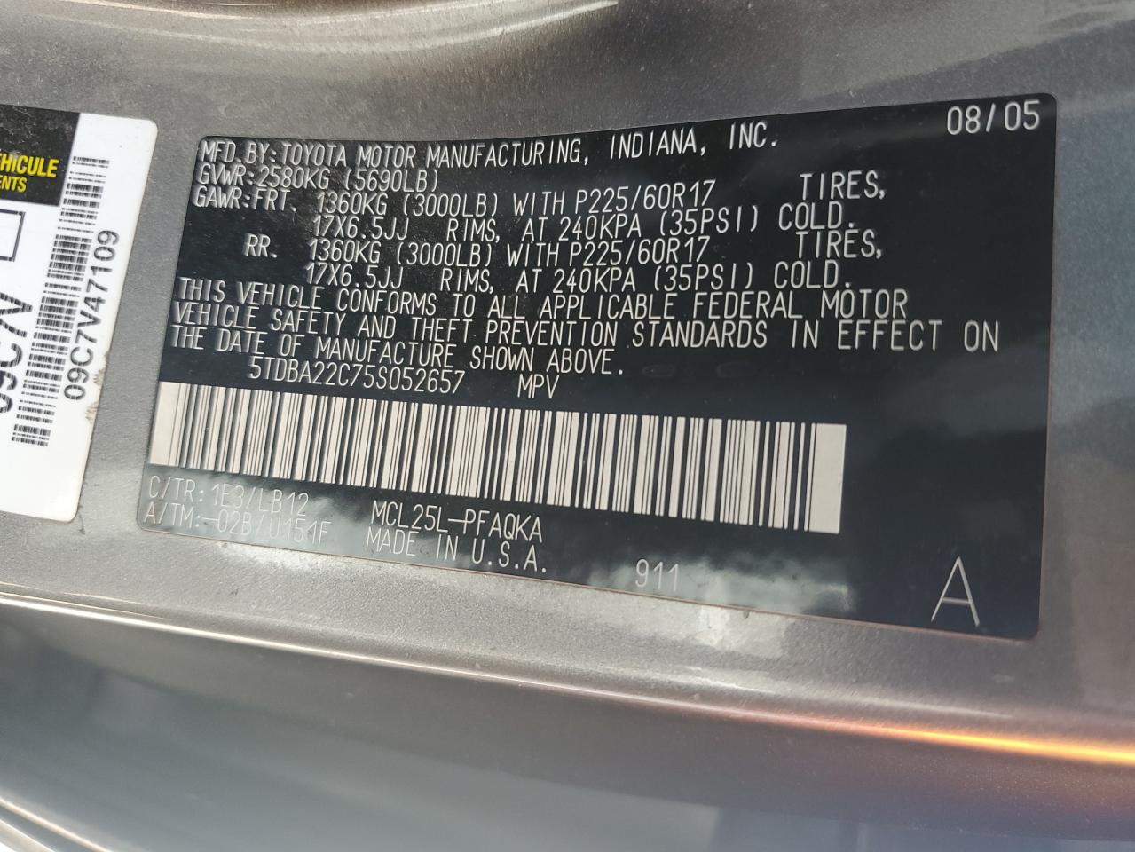 5TDBA22C75S052657 2005 Toyota Sienna Xle