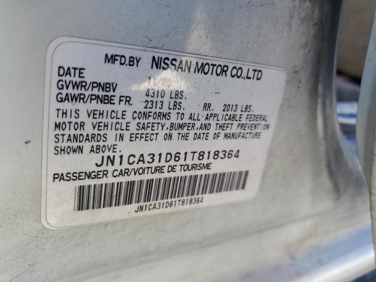 JN1CA31D61T818364 2001 Nissan Maxima Gxe