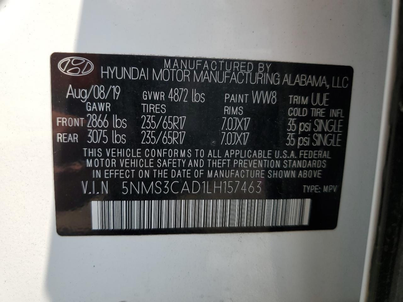 2020 Hyundai Santa Fe Sel VIN: 5NMS3CAD1LH157463 Lot: 67440044