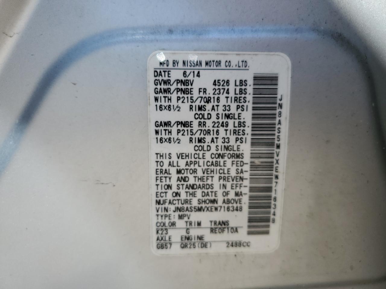 JN8AS5MVXEW716348 2014 Nissan Rogue Select S