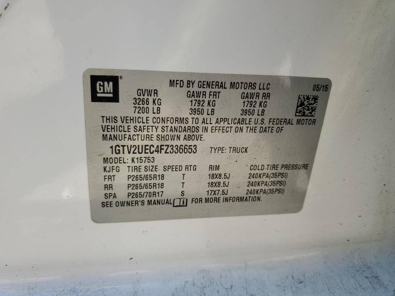 1GTV2UEC4FZ336653 2015 GMC Sierra K1500 Sle