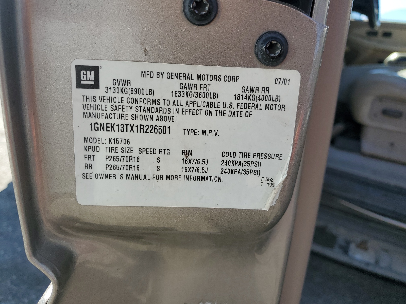 1GNEK13TX1R226501 2001 Chevrolet Tahoe K1500