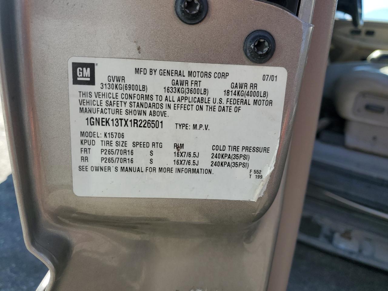 2001 Chevrolet Tahoe K1500 VIN: 1GNEK13TX1R226501 Lot: 66359414