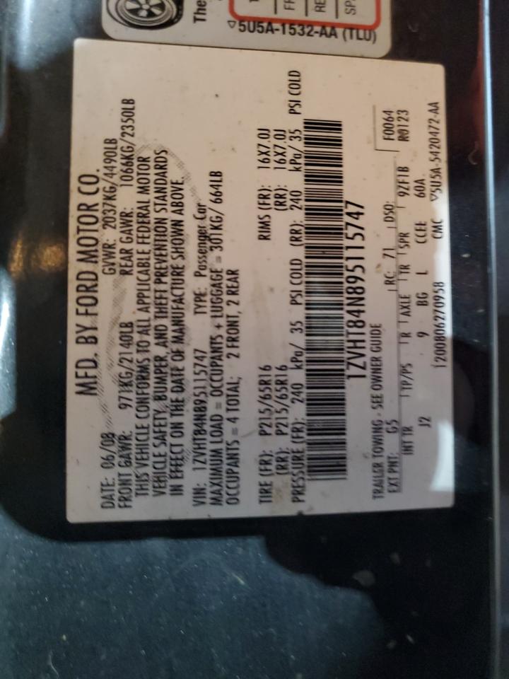 2009 Ford Mustang VIN: 1ZVHT84N895115747 Lot: 67311014