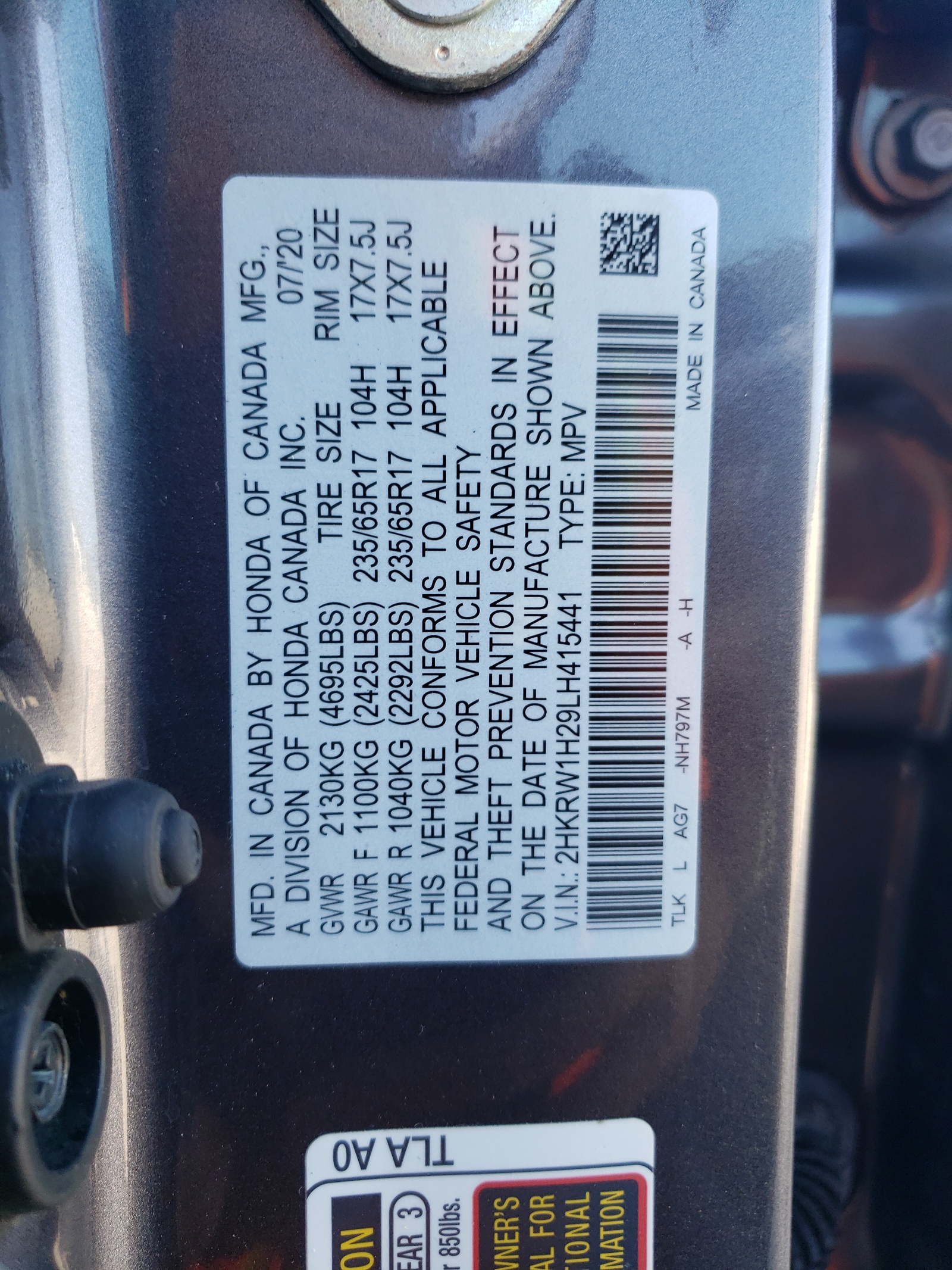 2HKRW1H29LH415441 2020 Honda Cr-V Lx