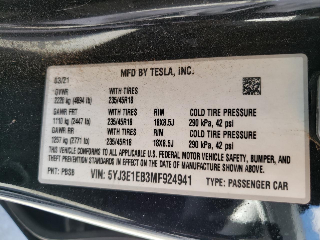 2021 Tesla Model 3 VIN: 5YJ3E1EB3MF924941 Lot: 64991824