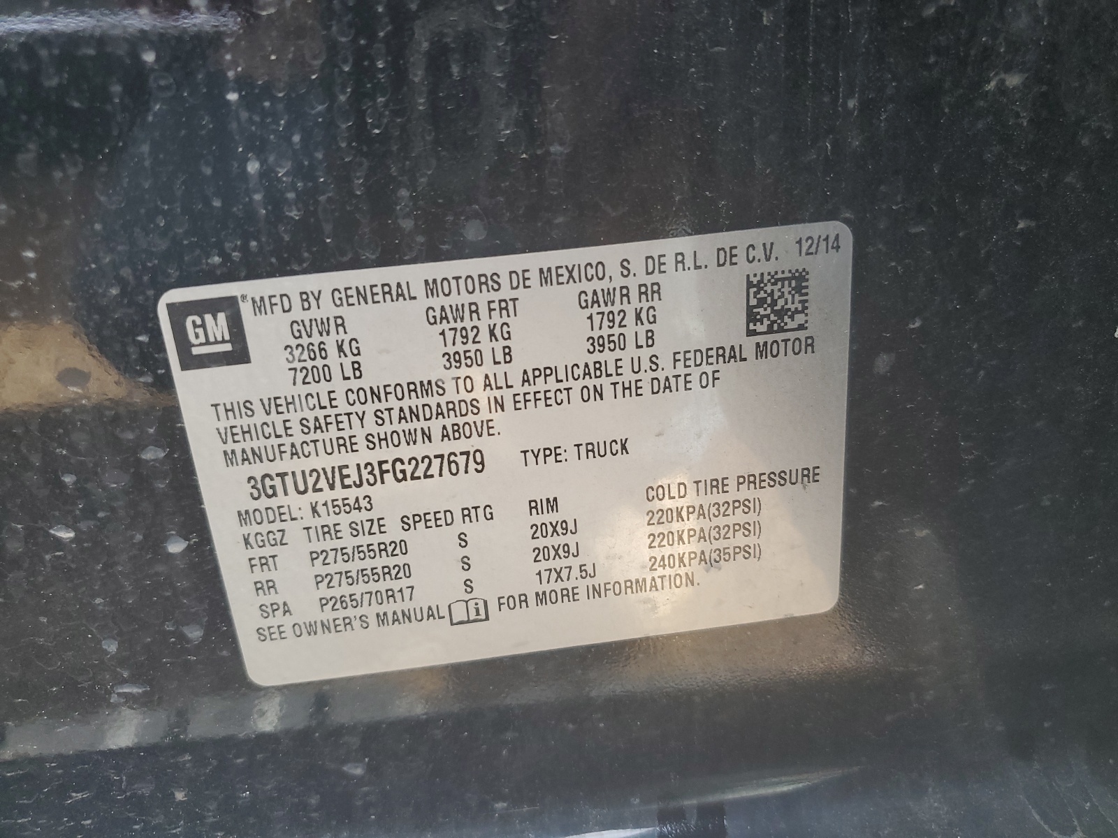 3GTU2VEJ3FG227679 2015 GMC Sierra K1500 Slt