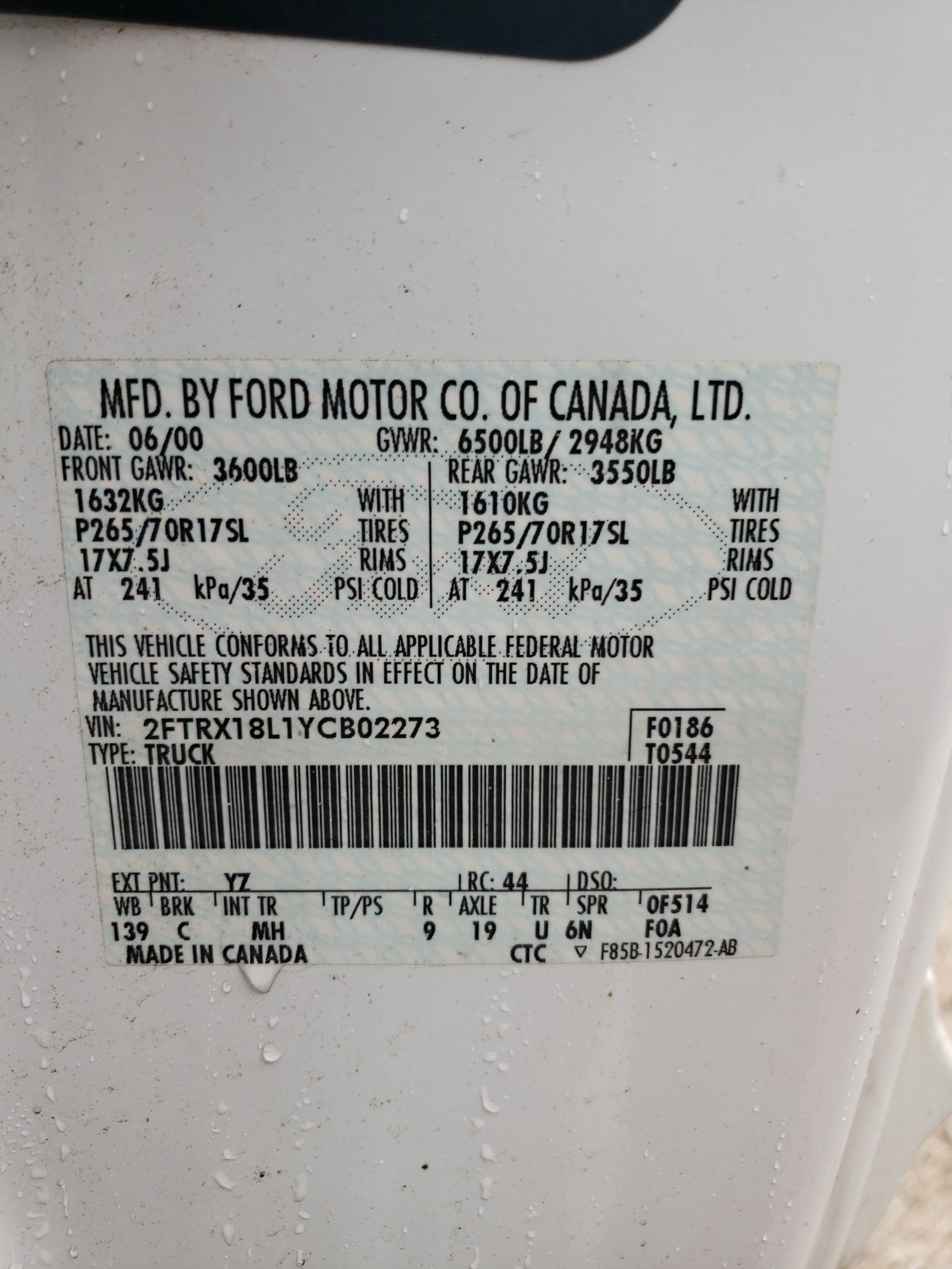 2FTRX18L1YCB02273 2000 Ford F150