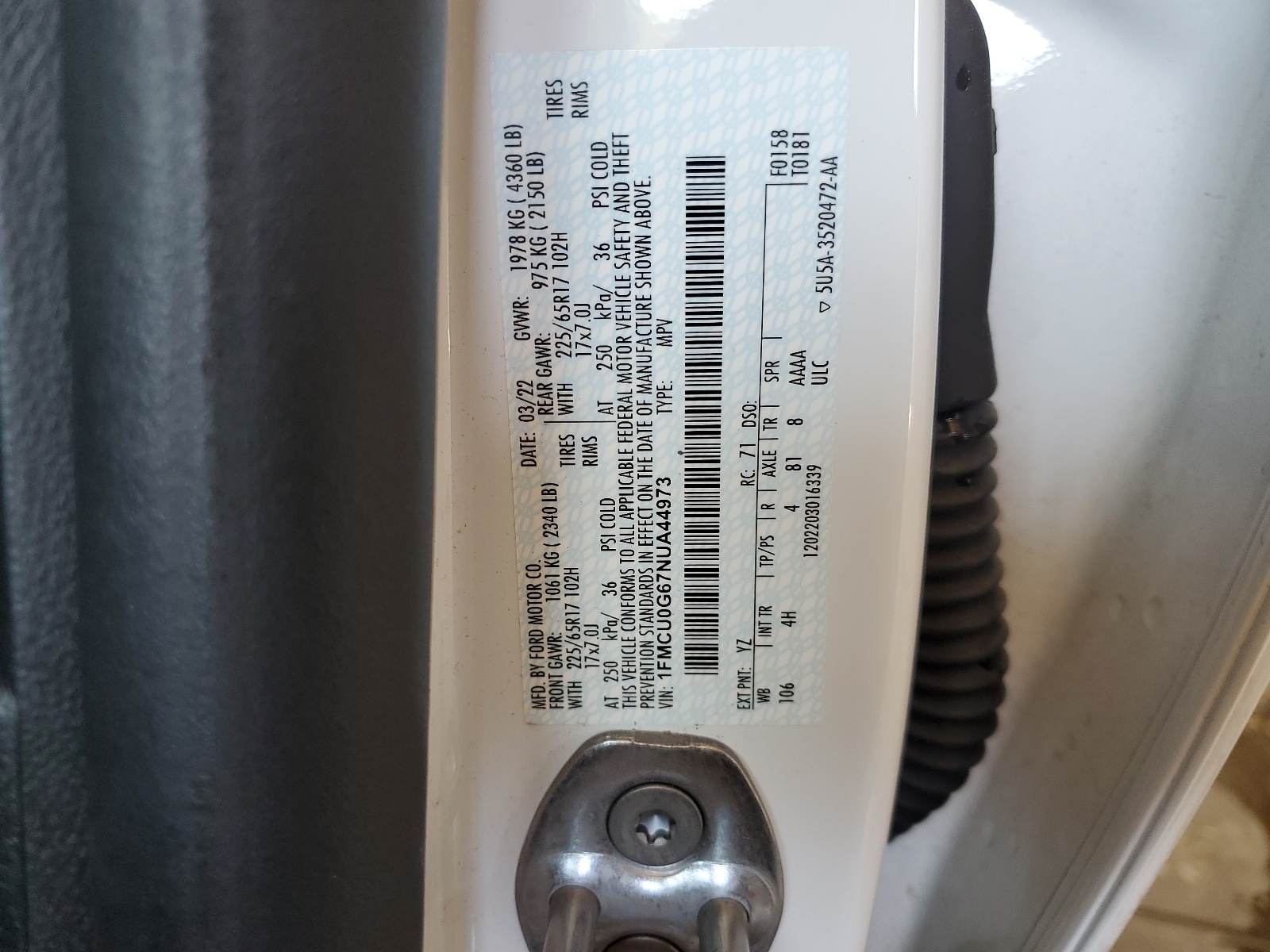 1FMCU0G67NUA44973 2022 Ford Escape Se