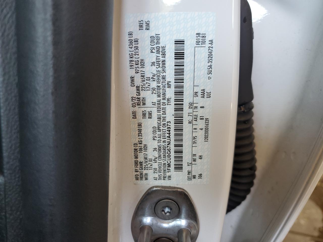 2022 Ford Escape Se VIN: 1FMCU0G67NUA44973 Lot: 66062164