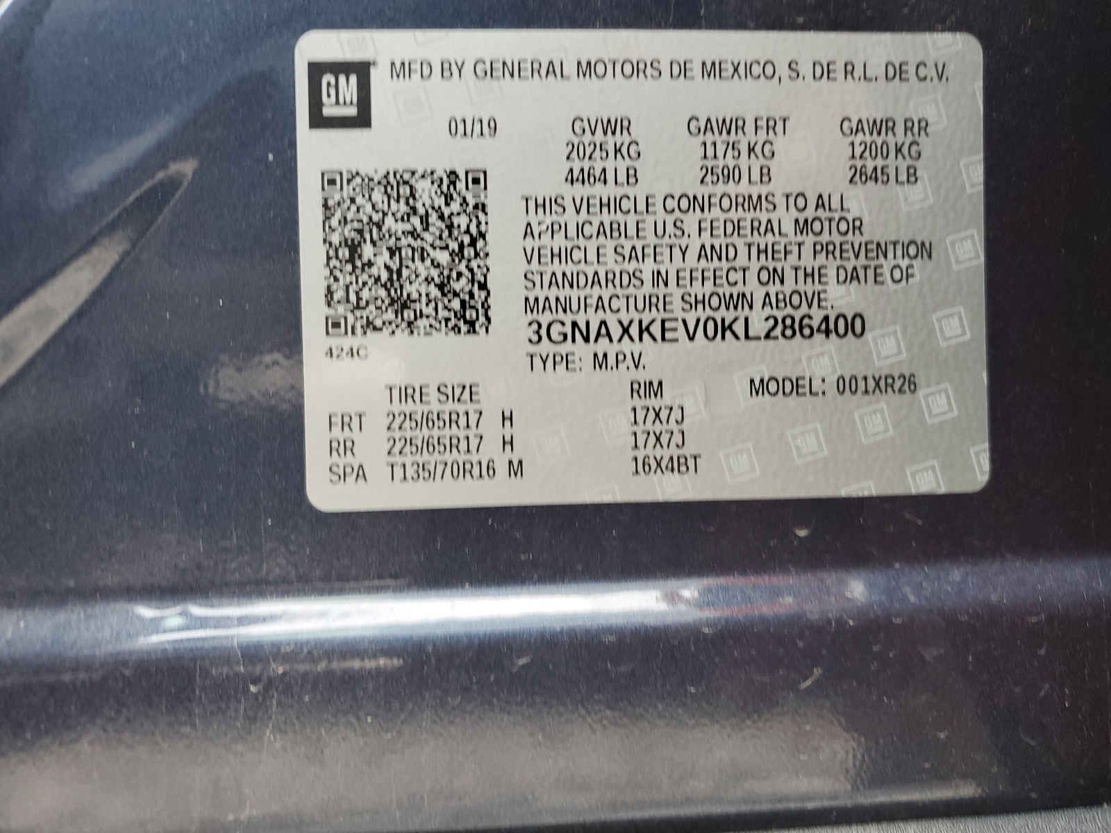 3GNAXKEV0KL286400 2019 Chevrolet Equinox Lt