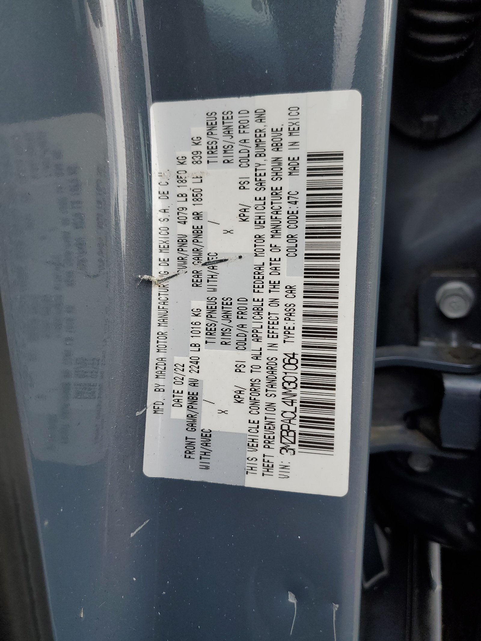 3MZBPACL4NM301064 2022 Mazda 3 Preferred