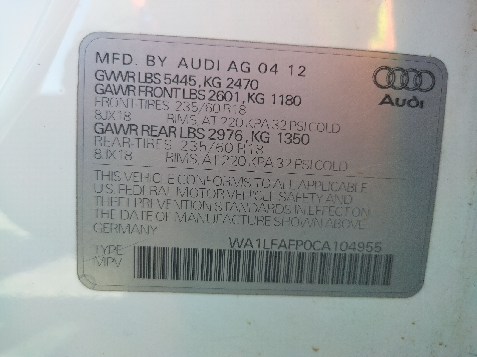 WA1LFAFP0CA104955 2012 Audi Q5 Premium Plus