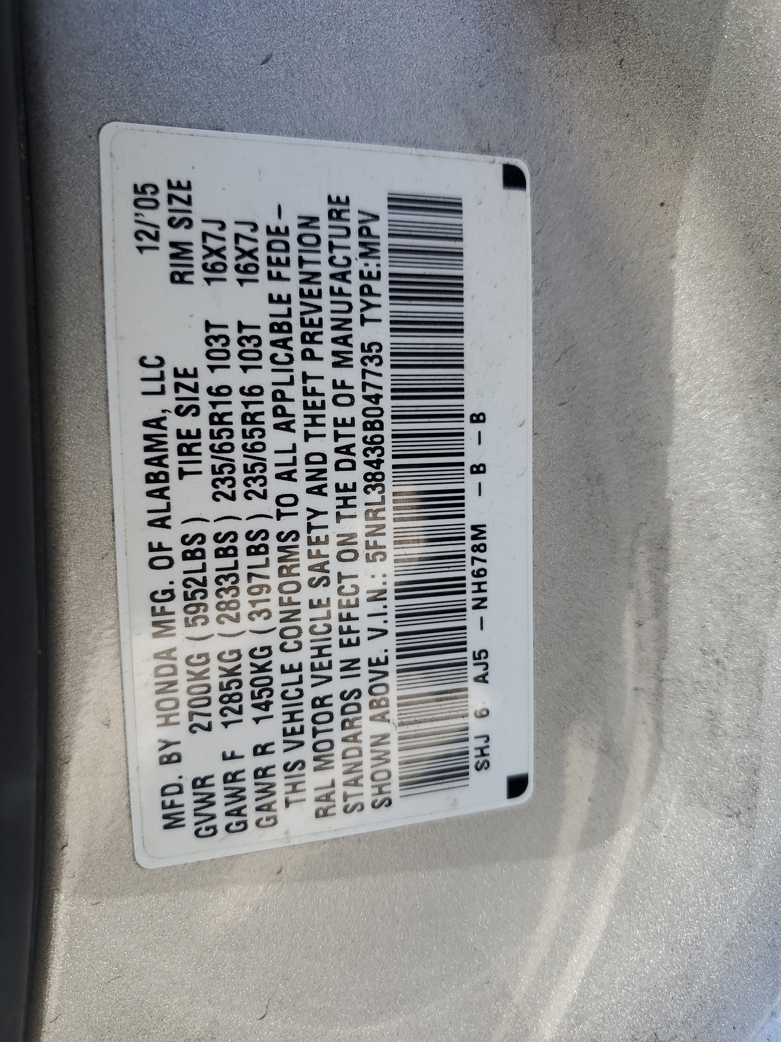 5FNRL38436B047735 2006 Honda Odyssey Ex
