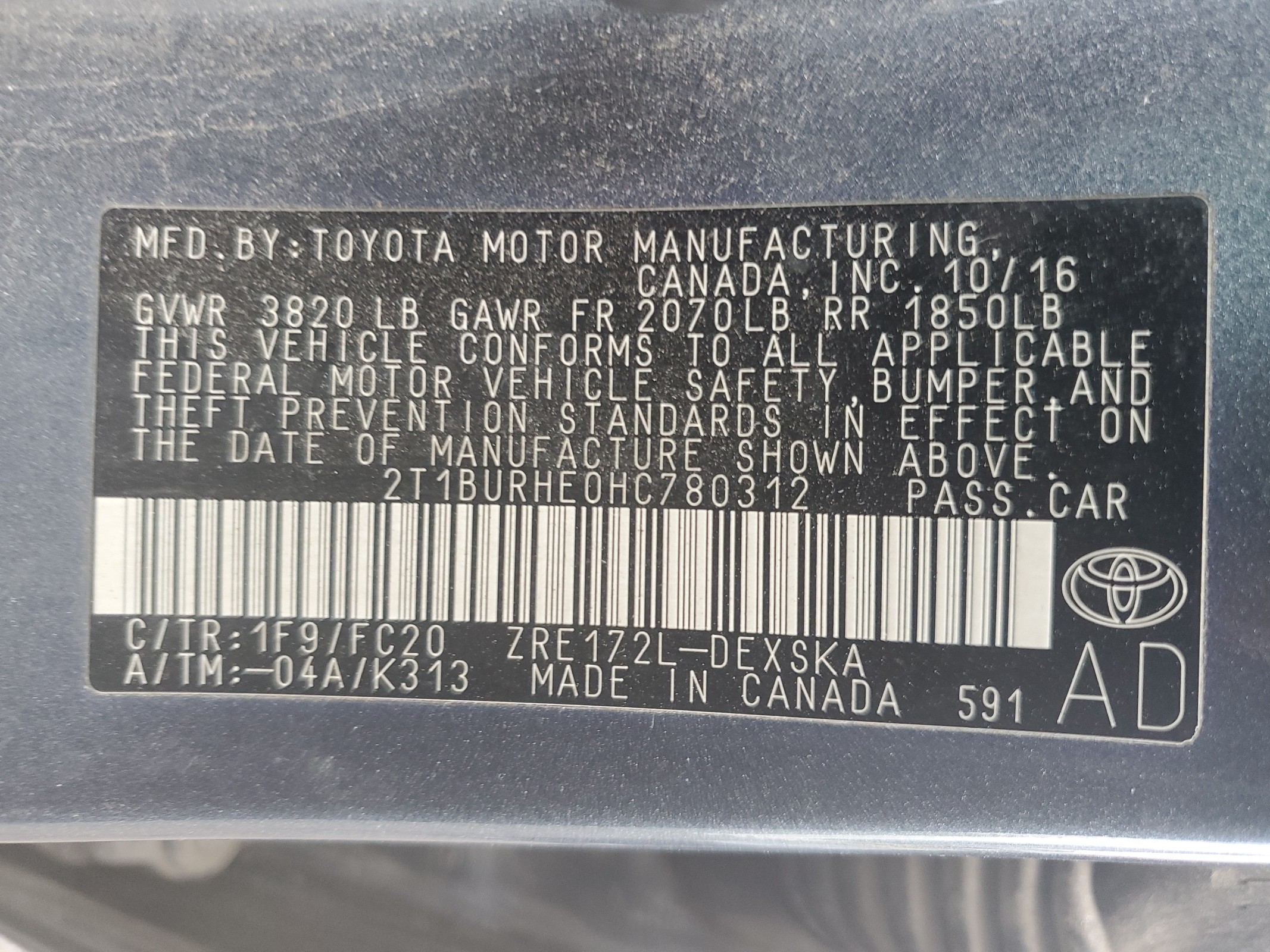 2017 Toyota Corolla L vin: 2T1BURHE0HC780312