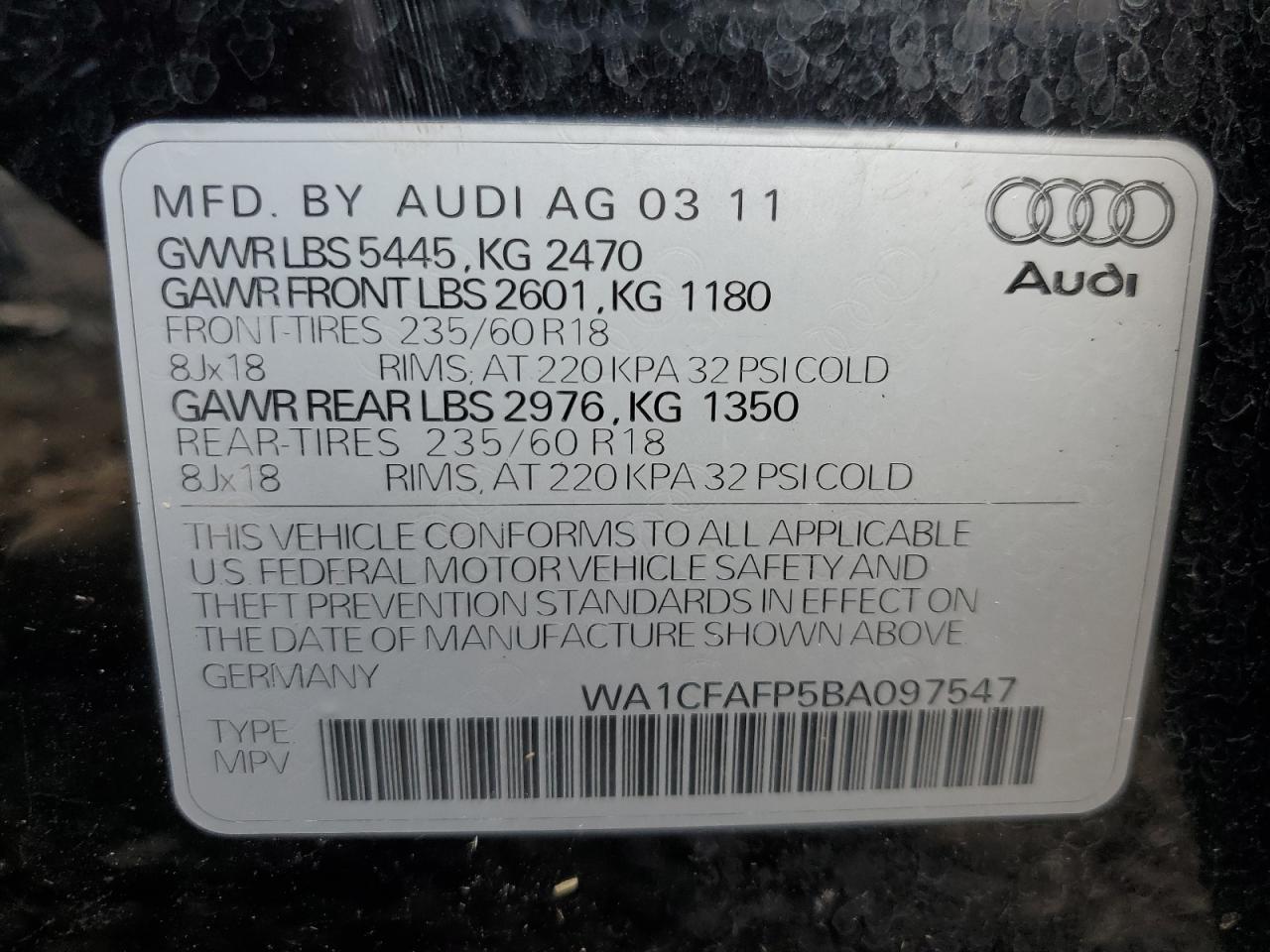 WA1CFAFP5BA097547 2011 Audi Q5 Premium