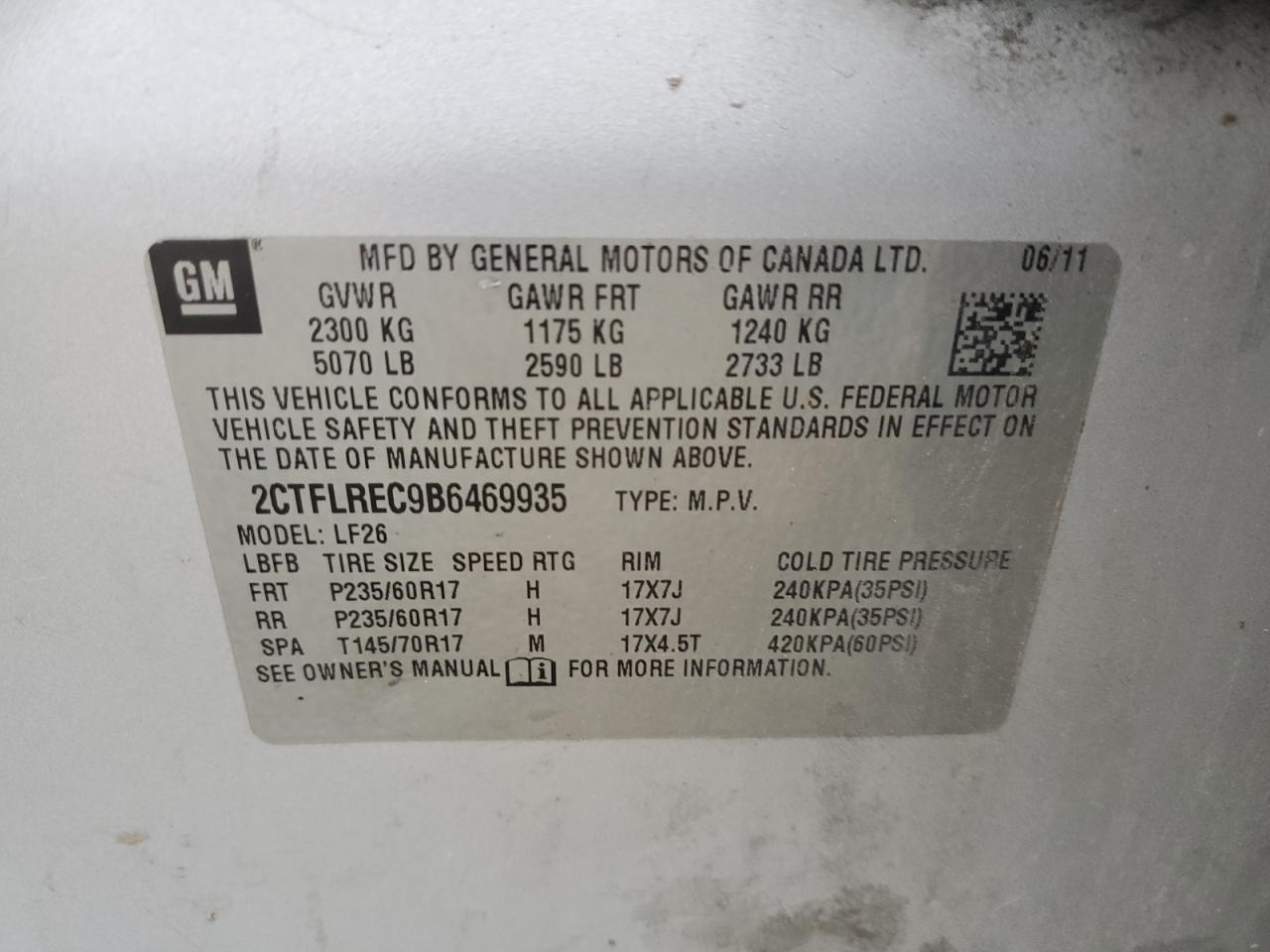 2011 GMC Terrain Sle VIN: 2CTFLREC9B6469935 Lot: 65681444