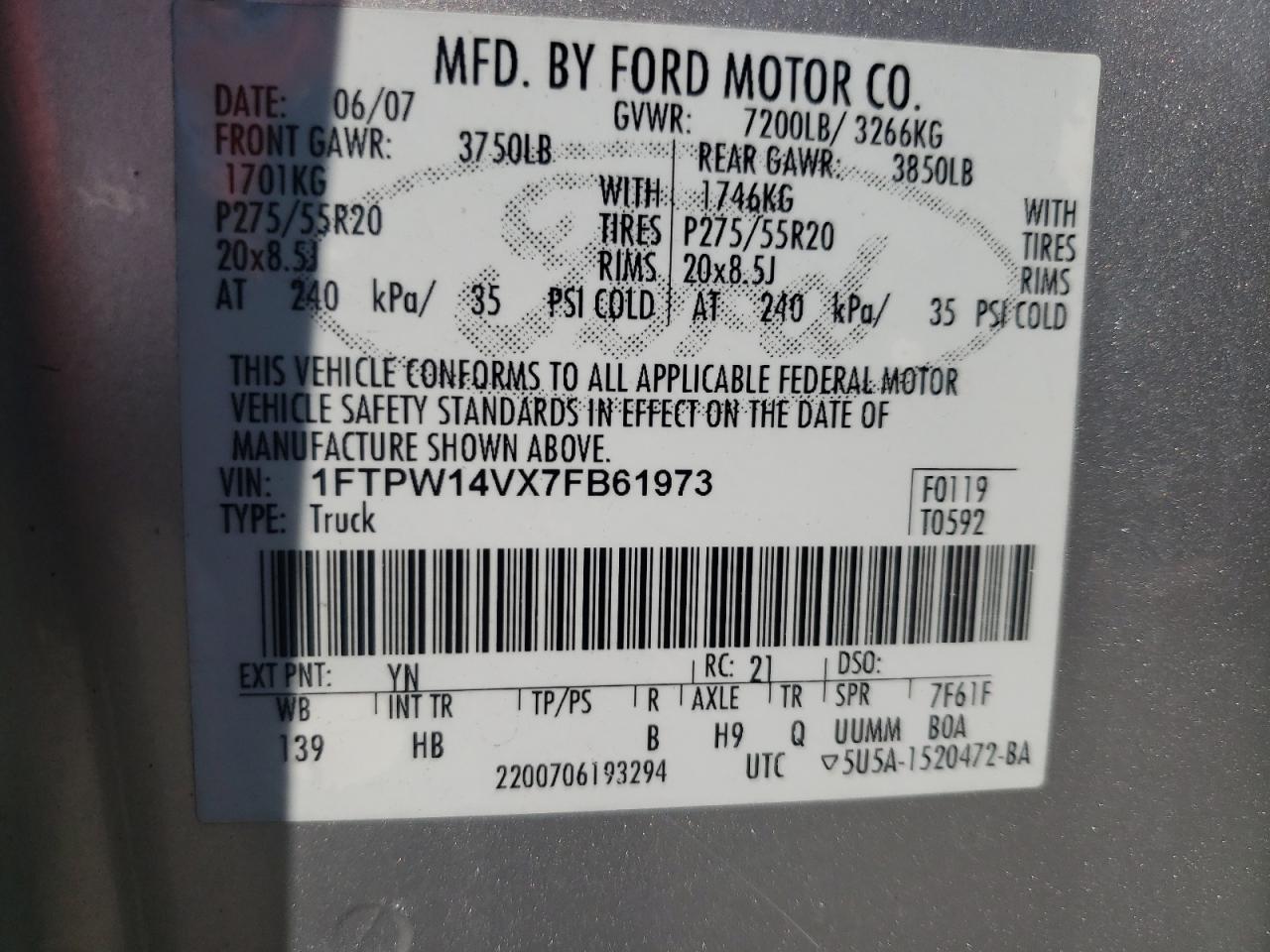 1FTPW14VX7FB61973 2007 Ford F150 Supercrew 1FTPW14VX7FB61973 2007 Ford F150 Supercrew