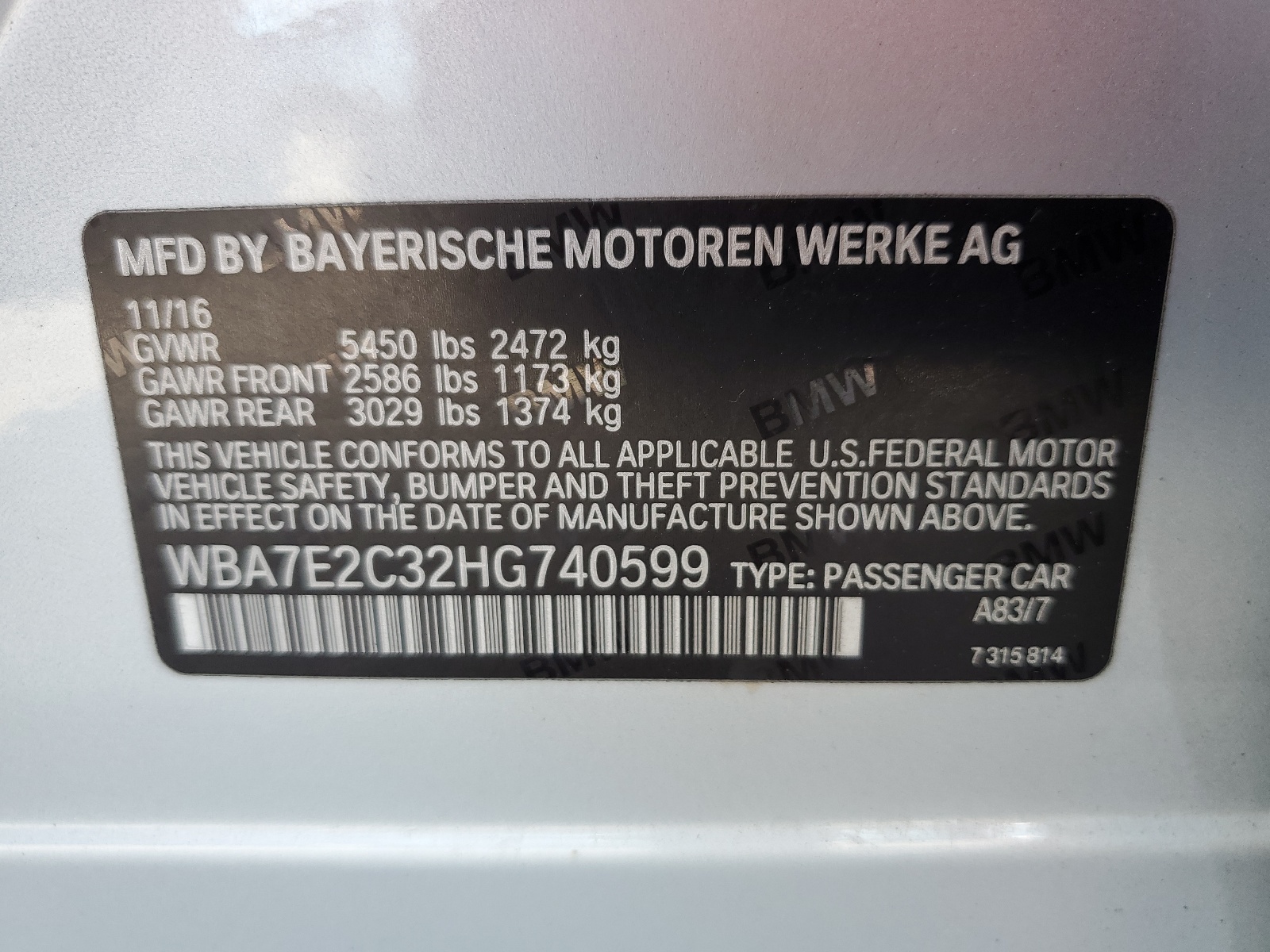 WBA7E2C32HG740599 2017 BMW 740 I