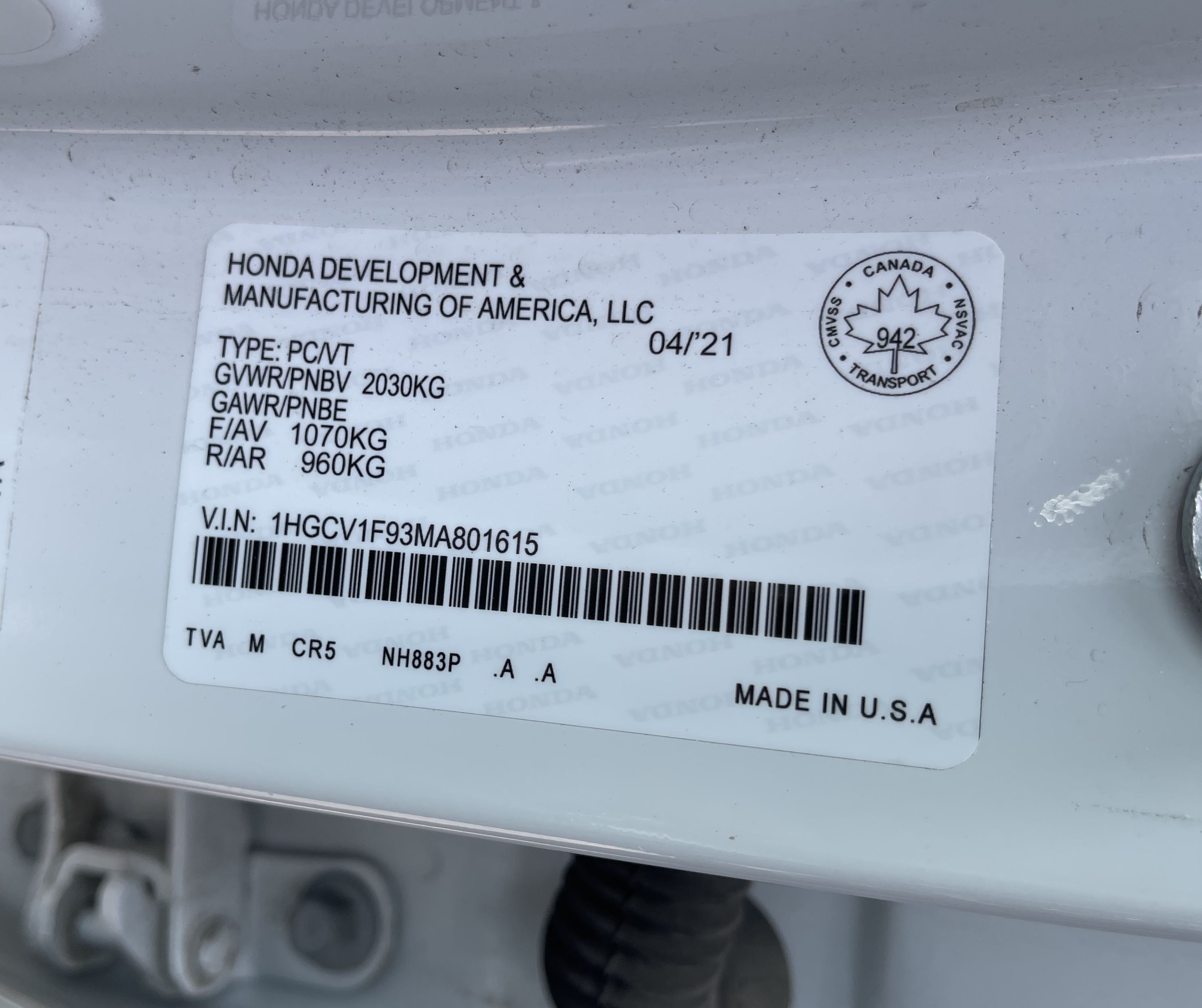 1HGCV1F93MA801615 2021 Honda Accord Touring