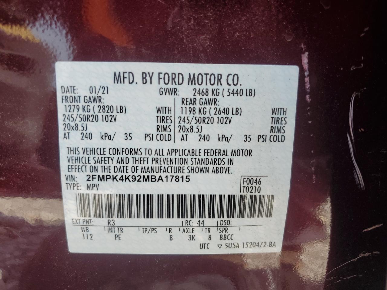 2021 Ford Edge Titanium VIN: 2FMPK4K92MBA17815 Lot: 68058004