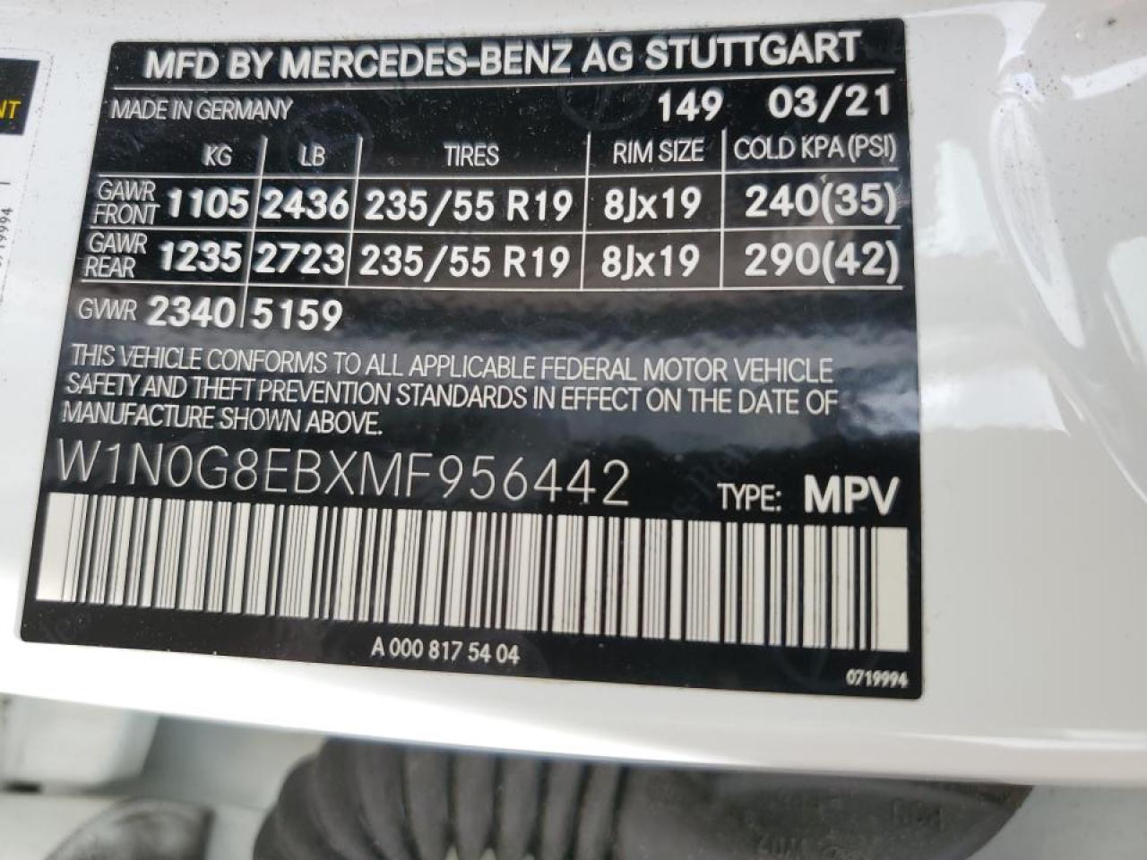 2021 Mercedes-Benz Glc 300 4Matic VIN: W1N0G8EBXMF956442 Lot: 66950234