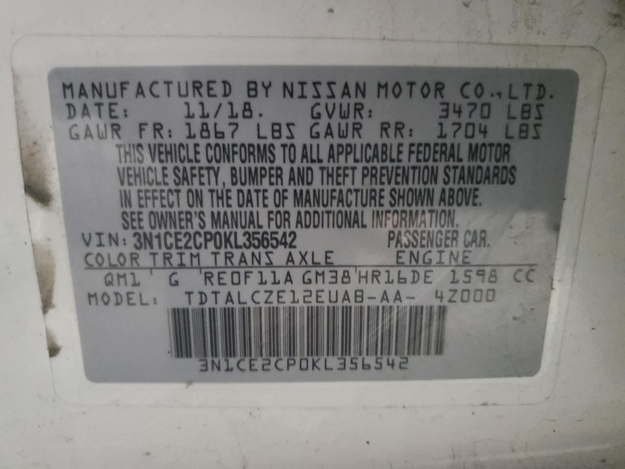 3N1CE2CP0KL356542 2019 Nissan Versa Note S