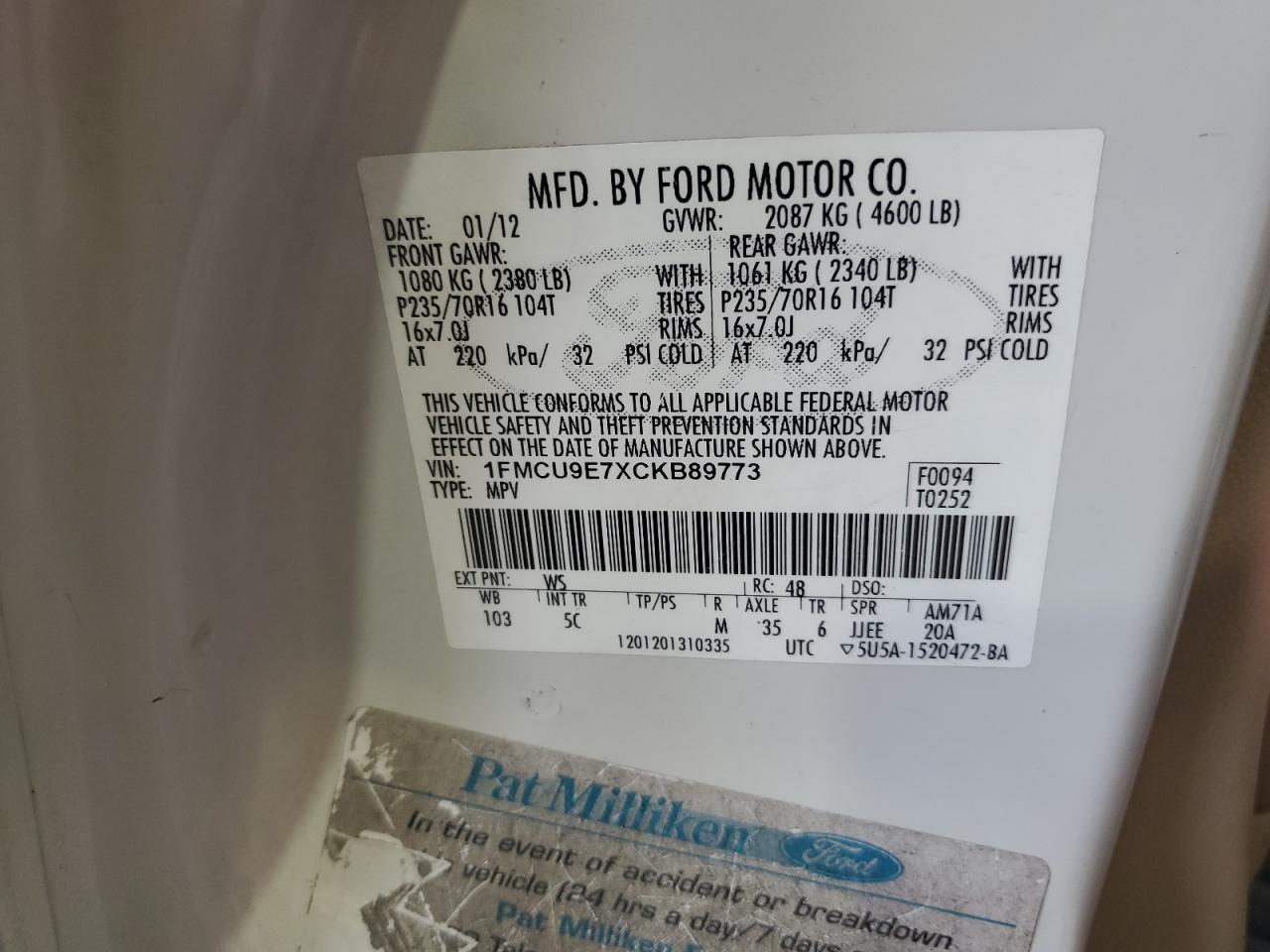 2012 Ford Escape Limited VIN: 1FMCU9E7XCKB89773 Lot: 65438104