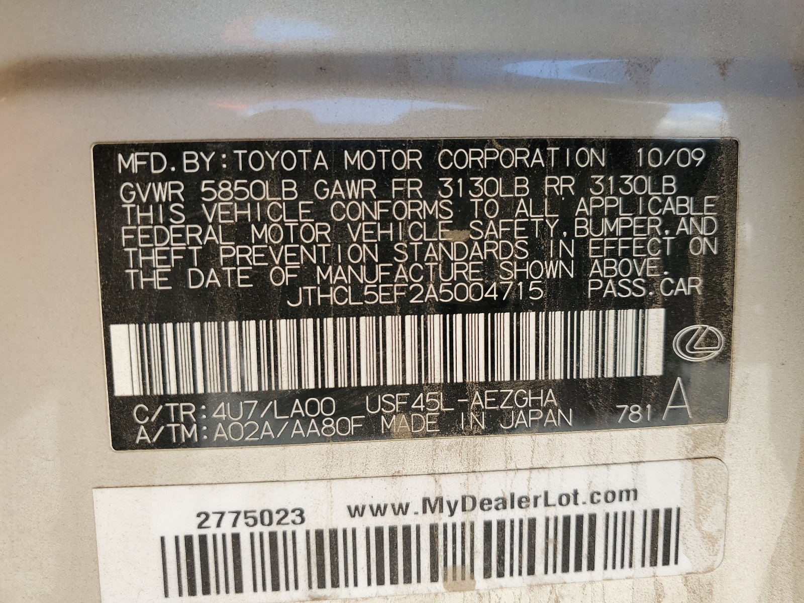 JTHCL5EF2A5004715 2010 Lexus Ls 460