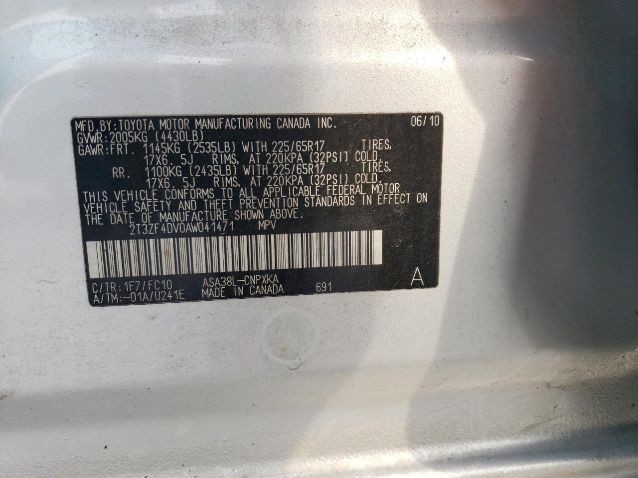 2010 Toyota Rav4 VIN: 2T3ZF4DV0AW041471 Lot: 66807154