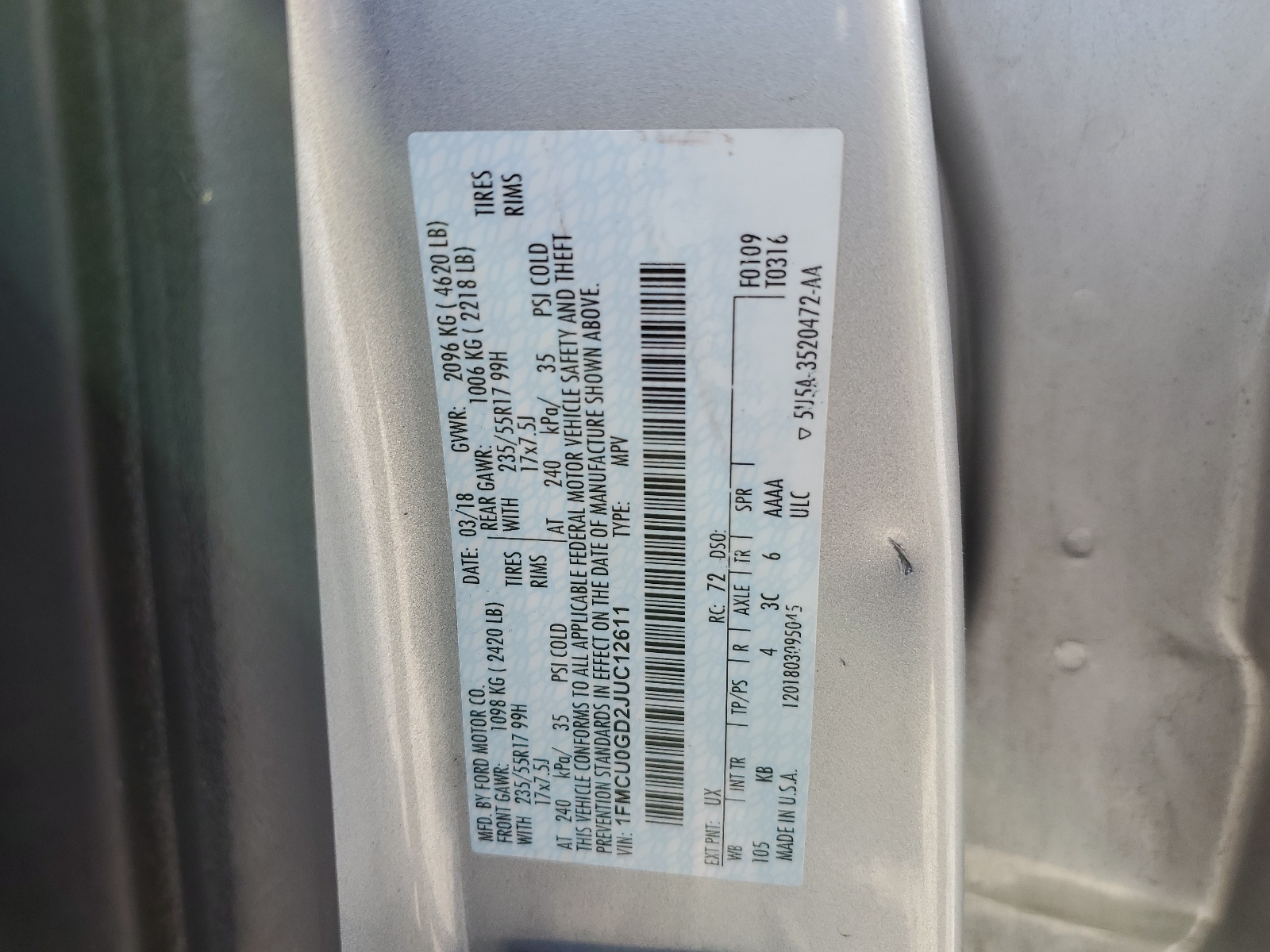 1FMCU0GD2JUC12611 2018 Ford Escape Se