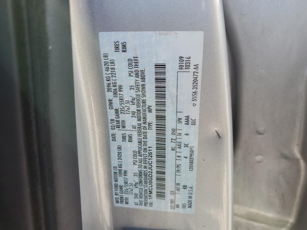 2018 Ford Escape Se VIN: 1FMCU0GD2JUC12611 Lot: 66187784