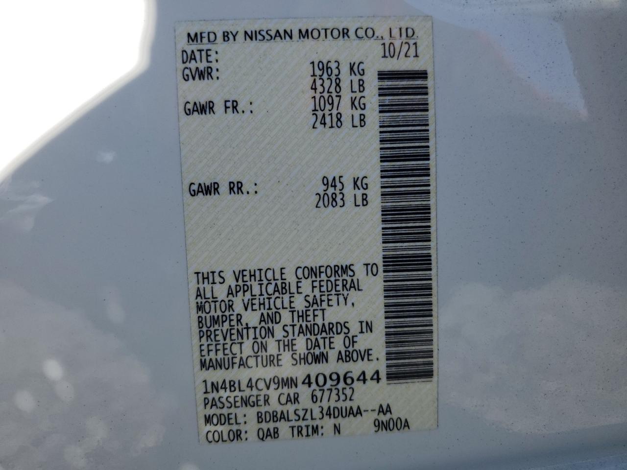 1N4BL4CV9MN409644 2021 Nissan Altima Sr