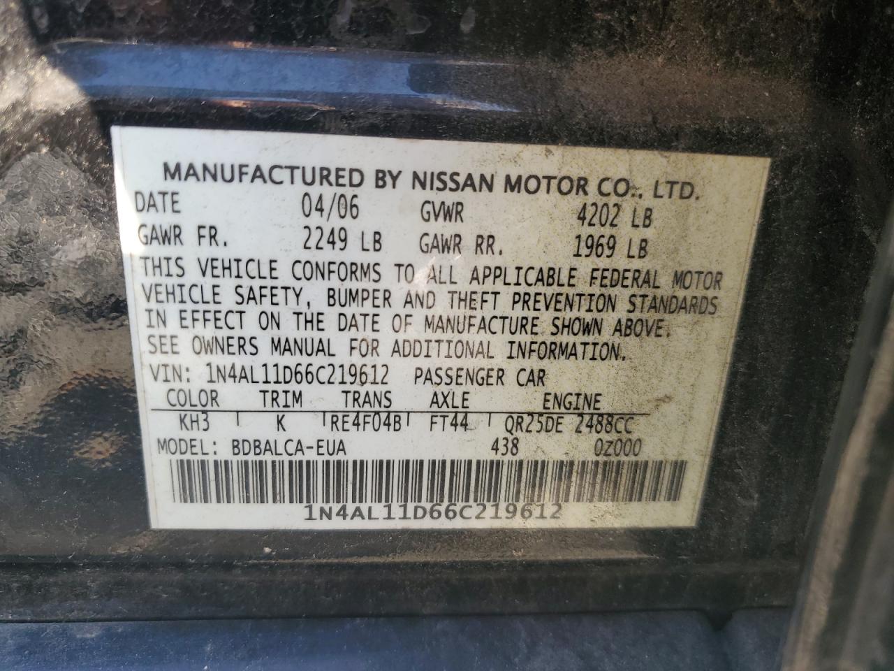 1N4AL11D66C219612 2006 Nissan Altima S