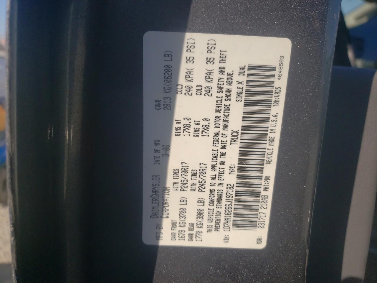 2006 Dodge Ram 1500 St VIN: 1D7HA16266J197182 Lot: 66442804