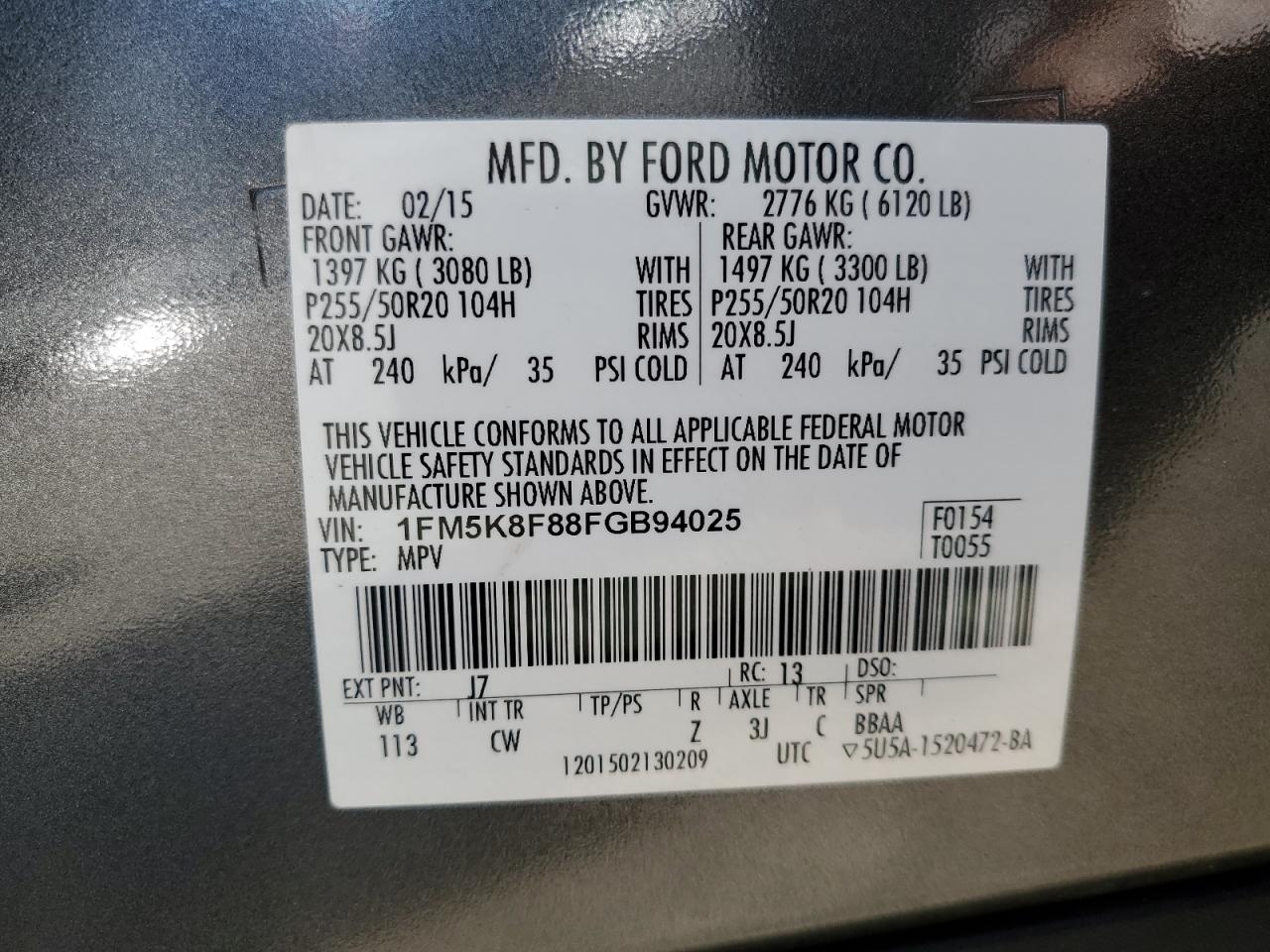 2015 Ford Explorer Limited VIN: 1FM5K8F88FGB94025 Lot: 68190624