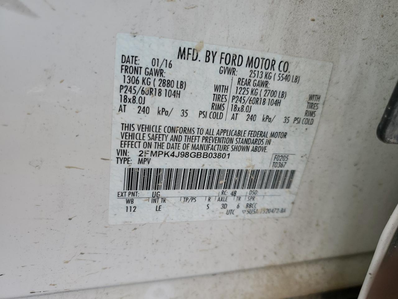 2016 Ford Edge Sel VIN: 2FMPK4J98GBB03801 Lot: 65811454