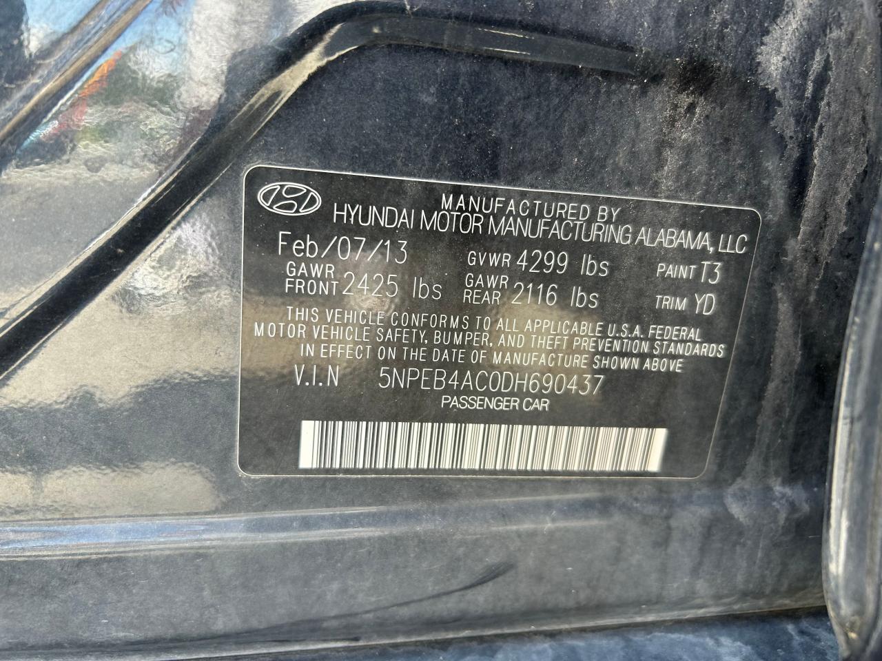 2013 Hyundai Sonata Gls VIN: 5NPEB4AC0DH690437 Lot: 70001904