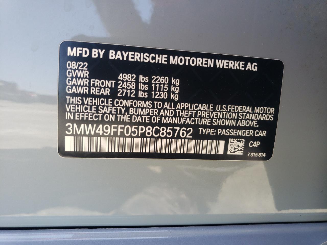 2023 BMW M340Xi VIN: 3MW49FF05P8C85762 Lot: 67605594