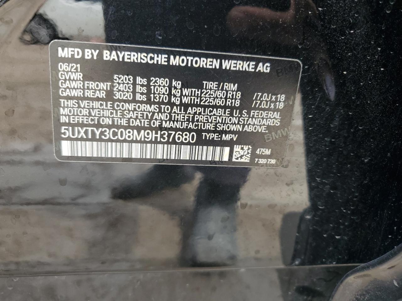 2021 BMW X3 Sdrive30I VIN: 5UXTY3C08M9H37680 Lot: 69819174