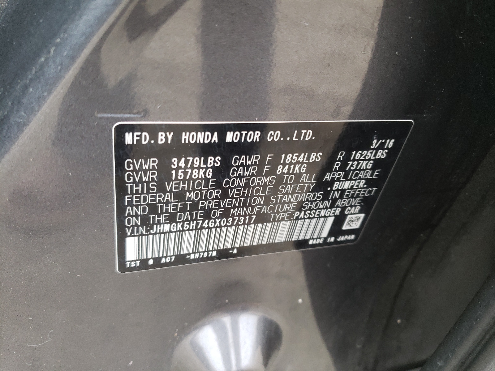 JHMGK5H74GX037317 2016 Honda Fit Ex