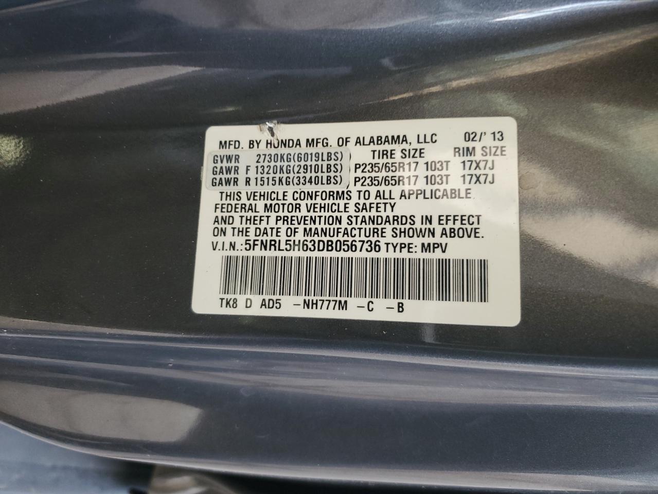 2013 Honda Odyssey Exl VIN: 5FNRL5H63DB056736 Lot: 65368244