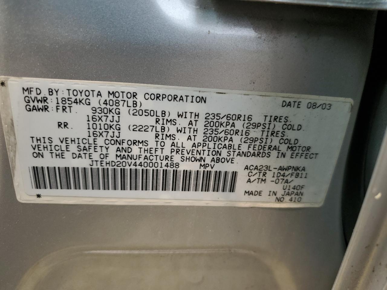 2004 Toyota Rav4 VIN: JTEHD20V440001488 Lot: 67825444