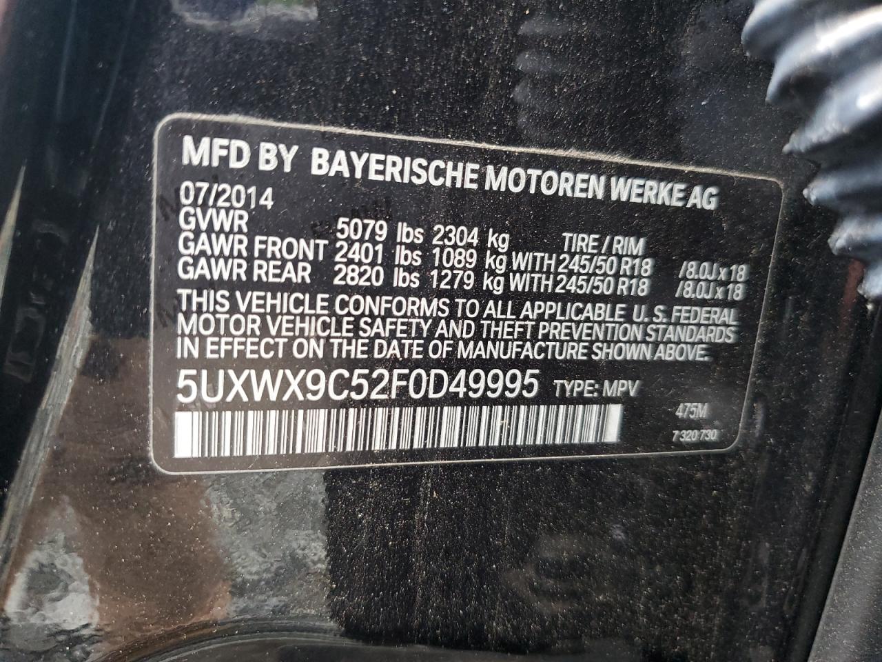 2015 BMW X3 xDrive28I VIN: 5UXWX9C52F0D49995 Lot: 66742634