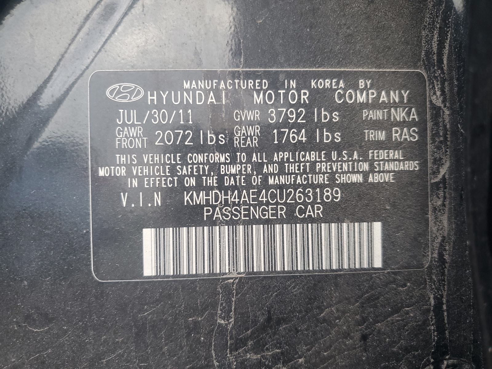 KMHDH4AE4CU263189 2012 Hyundai Elantra Gls