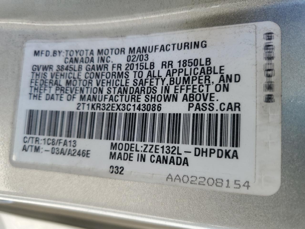 2003 Toyota Corolla Matrix Xr VIN: 2T1KR32EX3C143086 Lot: 66112374