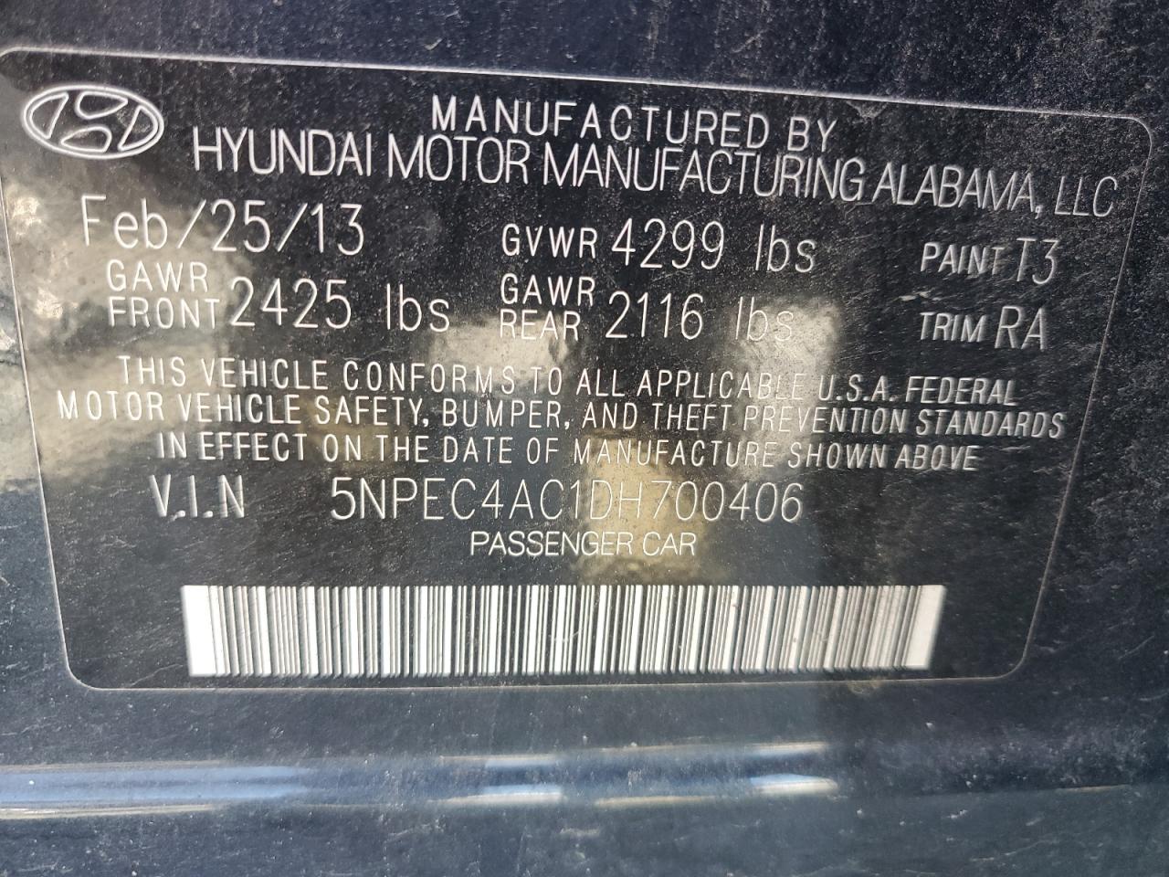 2013 Hyundai Sonata Se VIN: 5NPEC4AC1DH700406 Lot: 68541814