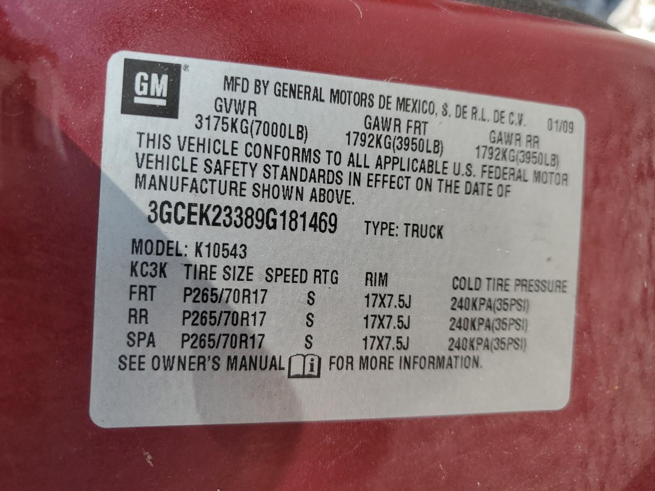 2009 Chevrolet Silverado K1500 Lt VIN: 3GCEK23389G181469 Lot: 67069414